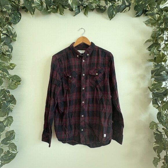 Depart West Buckle Long Sleeve Front Button Shirt Plaid Maroon Men’s Size M - Picture 1 of 10